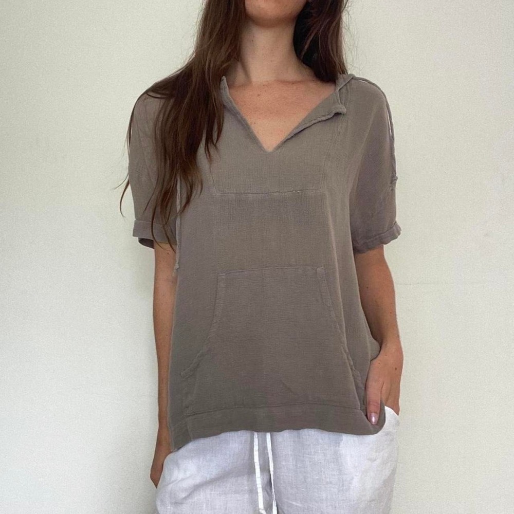 Mono B Sage Olive Green Linen Hooded Shirt
